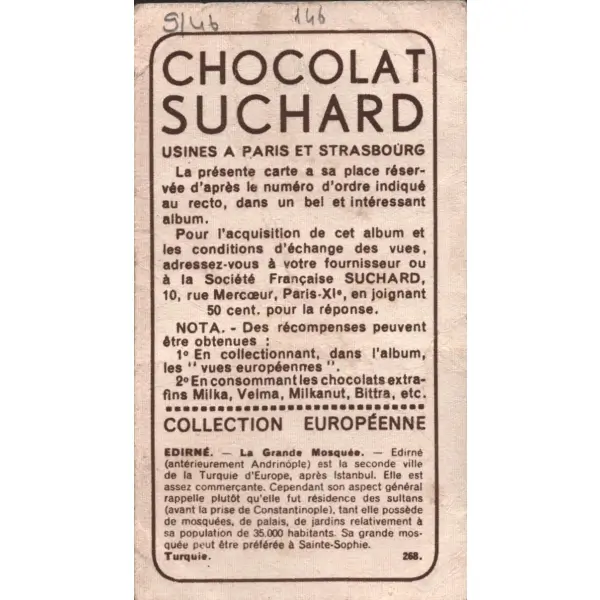 Edirne Selimiye Camii görselli Fransızca çikolata kartı, Foto Rap, Chocolat Suchard, 5x10 cm