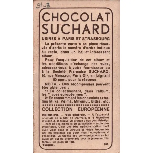 Büyük Ada görselli Fransızca çikolata kartı, Foto Rap, Chocolat Suchard, 5x10 cm