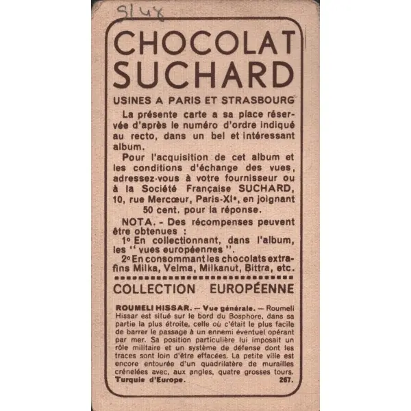 Rumelihisarı görselli Fransızca çikolata kartı, Foto Rap, Chocolat Suchard, 5x10 cm