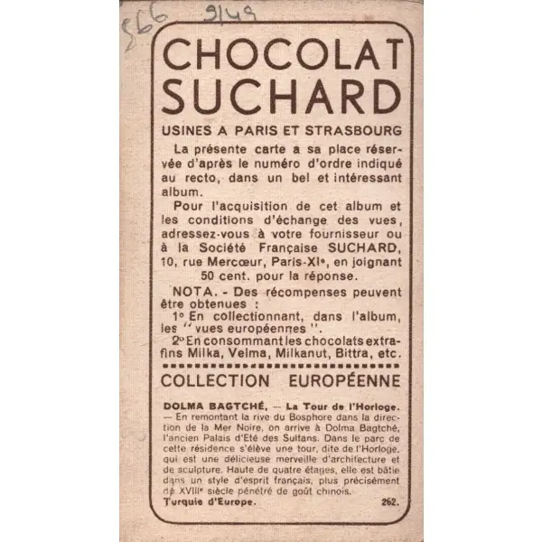 Dolmabahçe Saat Kulesi görselli Fransızca çikolata kartı, Foto Rap, Chocolat Suchard, 5x10 cm