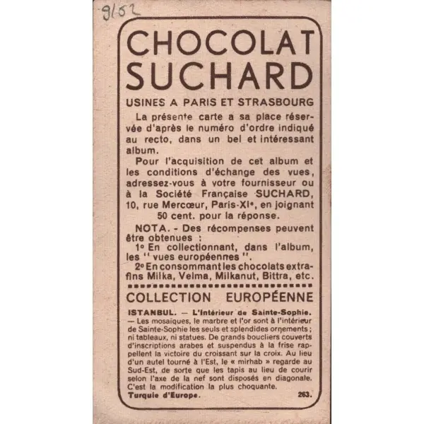 Ayasofya Cami´nin içi görselli Fransızca çikolata kartı, Foto Rap, Chocolat Suchard, 5x10 cm
