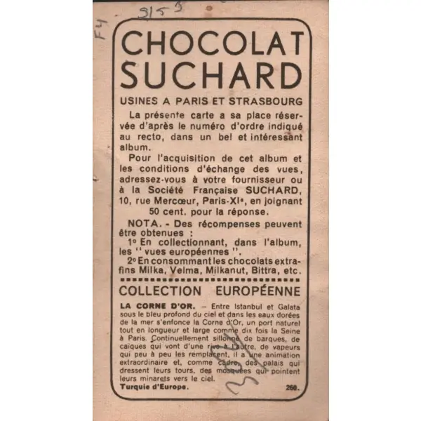 Haliç görselli Fransızca çikolata kartı, Foto Rap, Chocolat Suchard, 5x10 cm