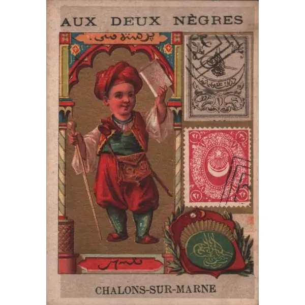 Osmanlı dönemi postacı çocuk Osmanlıca ve Fransızca ticaret kartı, ed. L. Dufour, 8x11 cm