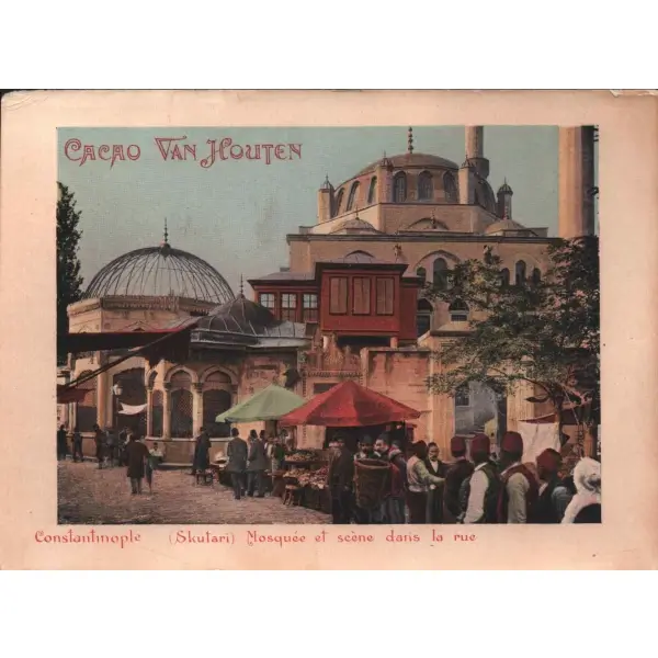 Üsküdar Valide Cami ve pazar görselli çikolata kartı, Constantinople, Van Houten Kakao, 11x15 cm