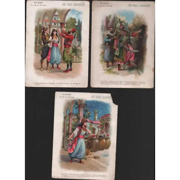 Ali Baba görselli 3 adet ticaret kartı, Au Bon Marche, ed.Delmasure, Paris, 12x17 cm