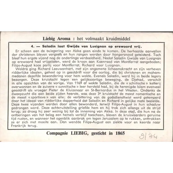 Selahaddin Eyyubi ve Haçlı ordu görselli 6 adet Liebig et özü kartı, ed. Nadruk Verboden, Liebig Et Şirketi 1865, 7x11 cm