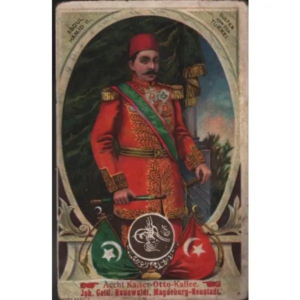 Sultan II. Abdülhamid ile dönemin en güçlü imparator ve krallarını tanıdan 8 adet çok nadir Almanca kahve kartı, Hauswaldt´s Kaiser-Otto-Kaffee, 7x11 cm