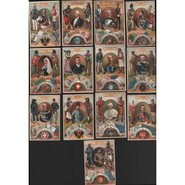 Sultan II. Abdülhamid ile dönemin en güçlü imparator ve krallarını tanıtan çok nadir Almanca çikolata kartı lotu (13 adet), Chocolat Suchard, 7x10 cm