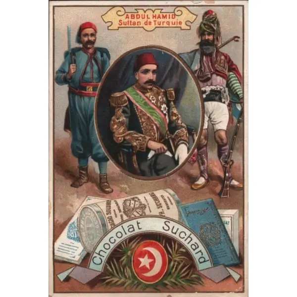 Sultan II. Abdülhamid ile dönemin en güçlü imparator ve krallarını tanıtan çok nadir Almanca çikolata kartı lotu (13 adet), Chocolat Suchard, 7x10 cm
