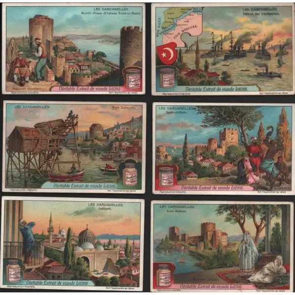 Çanakkale´ye dair görsellerin yer aldığı 6 adet Liebig et özü kartı, Liebig Et Şirketi 1865, 7x11 cm