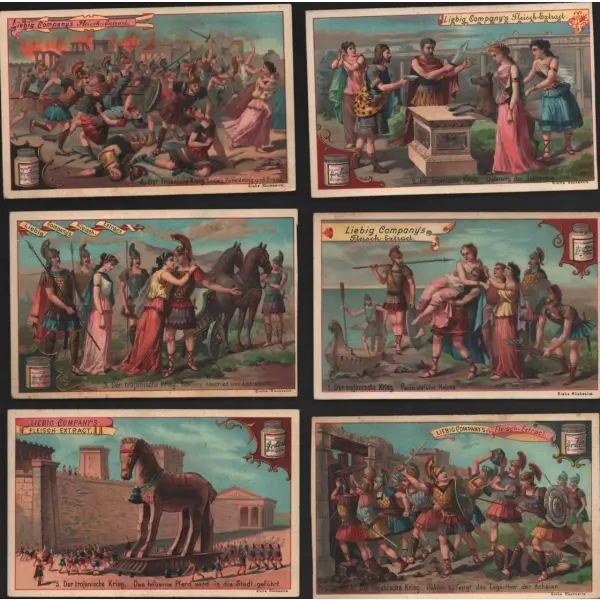 Troya Savaşı´na dair görsellerin yer aldığı 6 adet çok nadir Liebig et özü kartı, Liebig Et Şirketi 1865, 7x11 cm