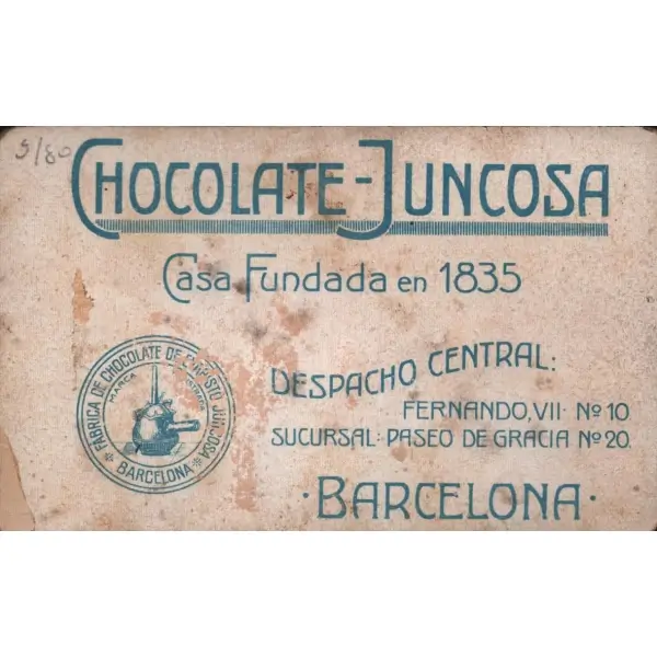 Türkiye görselli evrensel posta İspanyolca çikolata kartı, Chocolate Juncosa, Barcelona 1835, 7x11 cm
