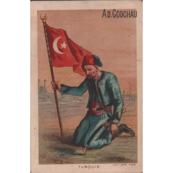 Elinde Türk bayrağıyla fesli beyfefendi görselli, Ad. Godchau marka erkek ve çocuk giysileri reklam kartı, 8x12 cm
