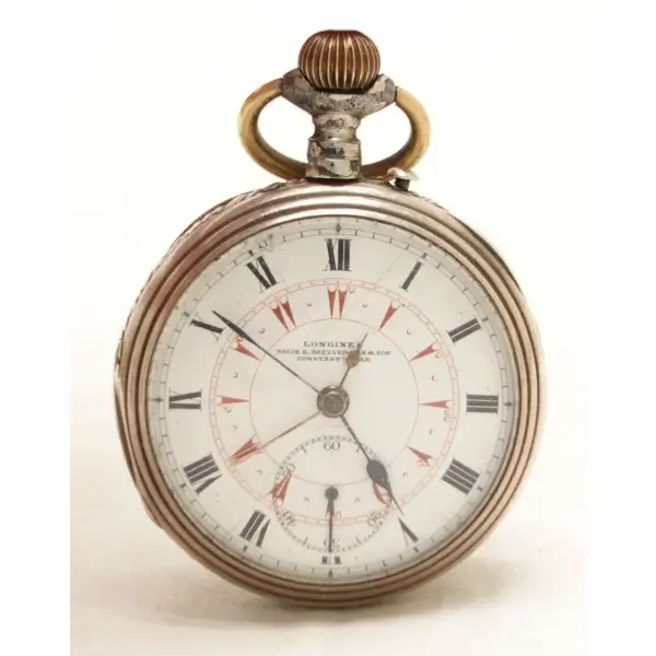 Longines marka, alaturka kadranlı köstekli saat, arka kapak cam olup, çalışma mekanizması gözükmektedir, çap 4 cm, genişlik 1 cm
