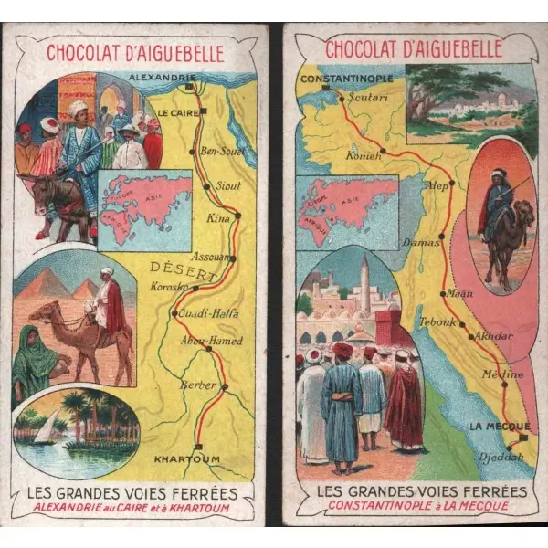 Konstantinopolis´ten Mekke´ye ve İskenderiye´den Kahire ve Hartum´a harita görselli çikolata kartı, Chocolat D´Aiguebelle, 5x10 cm
