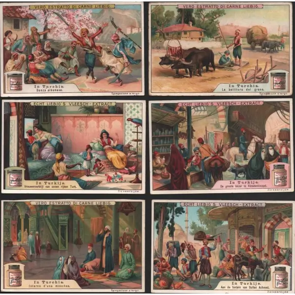 Türkler´in sosyal hayatı konulu 6 adet Liebig et özü kartı, ed. Liebig Et Şirketi, 7x11 cm