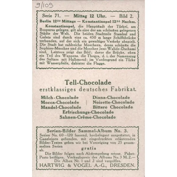 Osmanlı´da sosyal hayat görselli çikolata kartı, Hartwıg&Vogel´s Tell- Chocolade, 7x11 cm