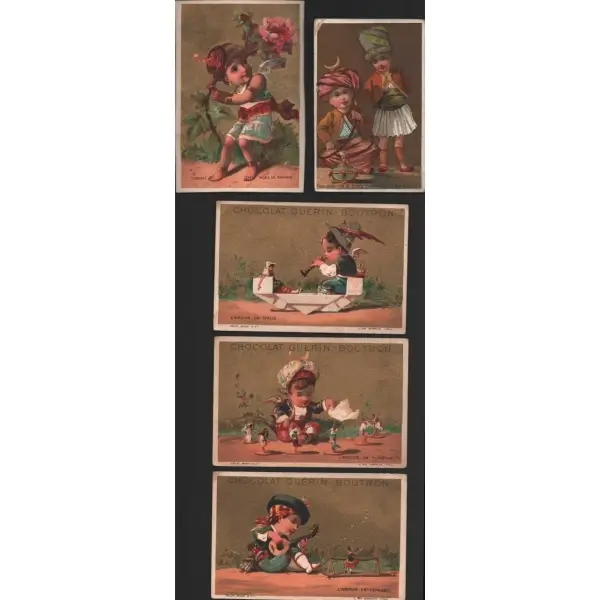 Türk, İtalyan ve İspanyol çocukların eğlencesi görselli yaldızlı,Fransızca çikolata kartı, Chocolat Guérin-Boutron, ed. Delmasure, Paris, 7x11 cm