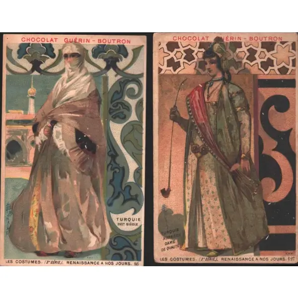 Türk kostümlü kadınlar görselli 2 adet Fransızca çikolata kartı, Chocolat Guérin-Boutron, ed. Delmasure, Paris, 7x11 cm