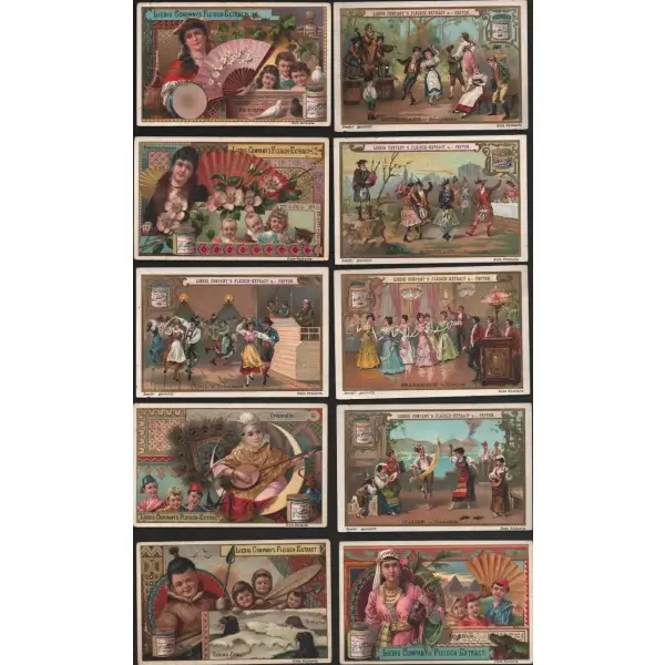 Ülkelere ait görsellerden oluşan 12 adet Almanca kart, Liebig et özü, ed. Liebig Et Şirketi, Antwerp, 7x11 cm