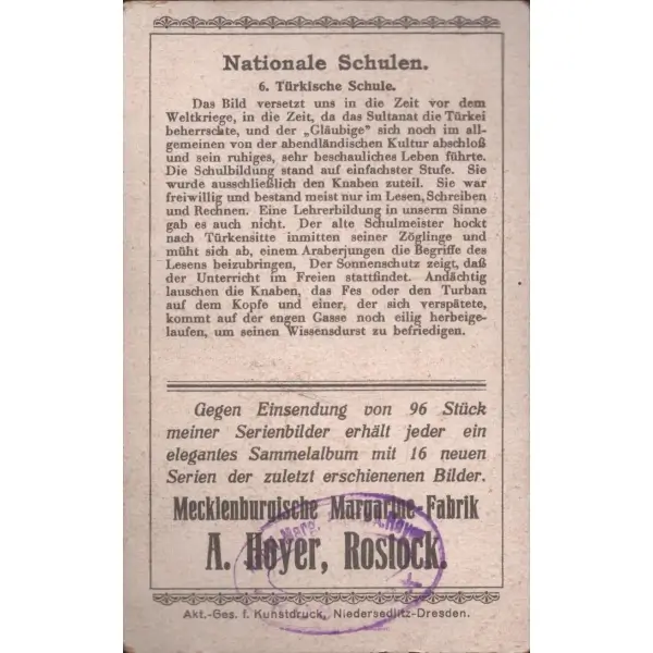 Ulusal okullar serisinden 6 adet kart, Mecklenburgische Margarine-Fabrik A. Hoyer, Rostock damgalı, 7x11 cm