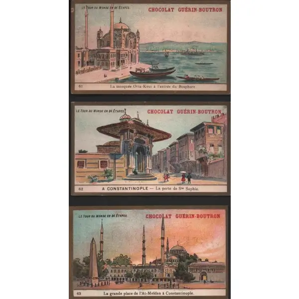 İstanbul görselli 3 adet Fransızca çikolata kartı, Chocolat Guérin-Boutron, ed. Delmasure, Paris, 7x11 cm