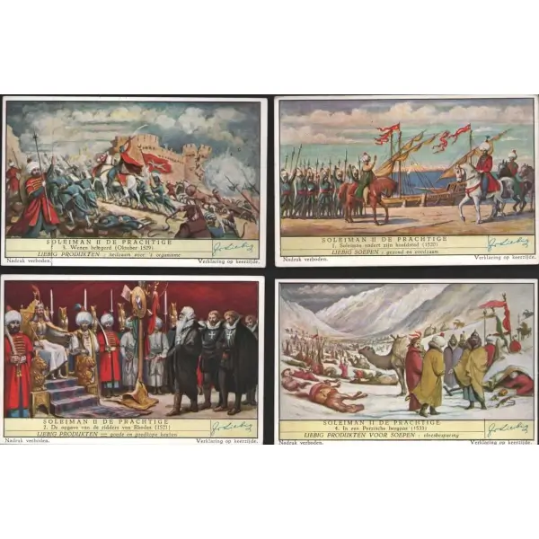 Kanuni Sultan Süleyman görselli 4 adet Liebig et özü kartı, ed. Nadruk Verboden, Liebig Et Şirketi 1865, 7x11 cm