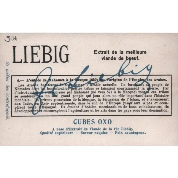 Hz. Muhammed´in Mekke´ye girişi ve diğer peygamberler görselli 7 adet Liebig et özü kartı, ed. Liebig Et Şirketi 1865, 7x11 cm