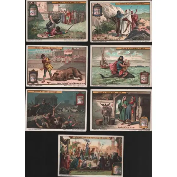 Hz. Muhammed´in Mekke´ye girişi ve diğer peygamberler görselli 7 adet Liebig et özü kartı, ed. Liebig Et Şirketi 1865, 7x11 cm
