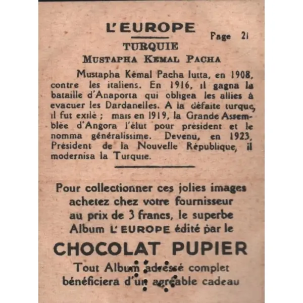 Türkiye konulu 22 adet çikolata kartı, Chocolat Pupıer, 5x7 cm