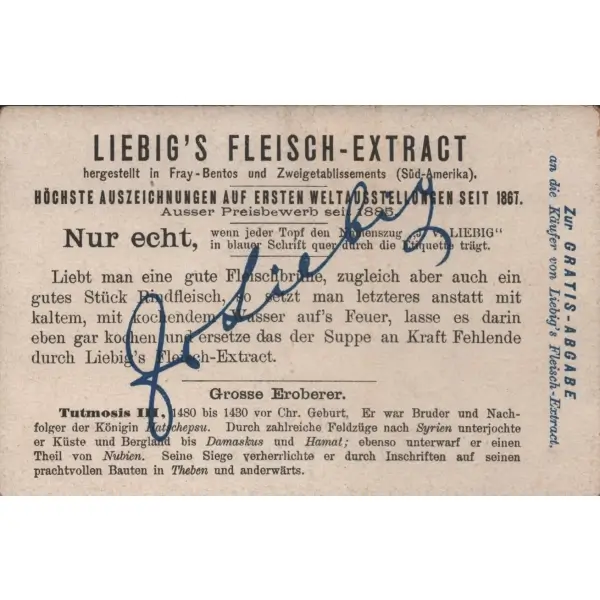 Büyük fatihler konulu 6 adet Liebig et özü kartı, ed. Liebig Et Şirketi, 7x11 cm