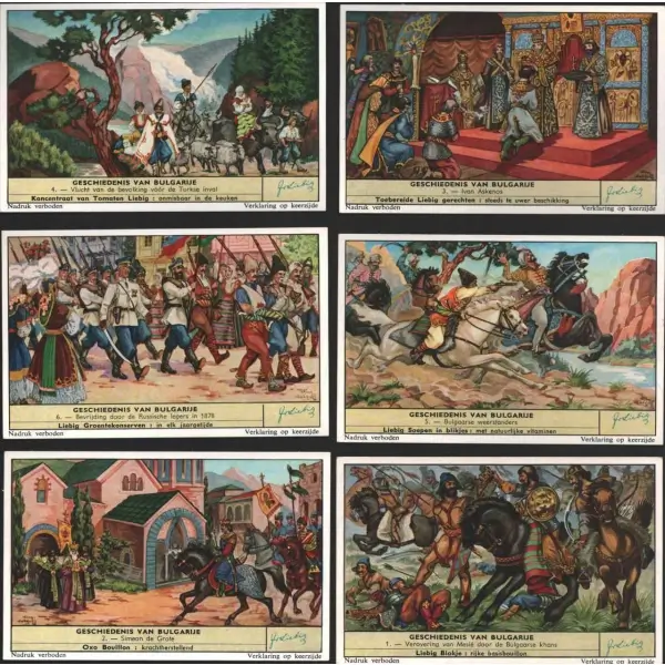 Bulgaristan tarihi konulu 6 adet Liebig et özü kartı, ed. Liebig Et Şirketi 1865, 7x11 cm