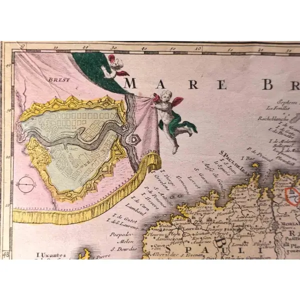Yukarı ve aşağı Britanya (Breton ve Gallo) arasındaki dilsel sınırını gösteren 17. yüzyıl harita gravürü, 51x60 cm