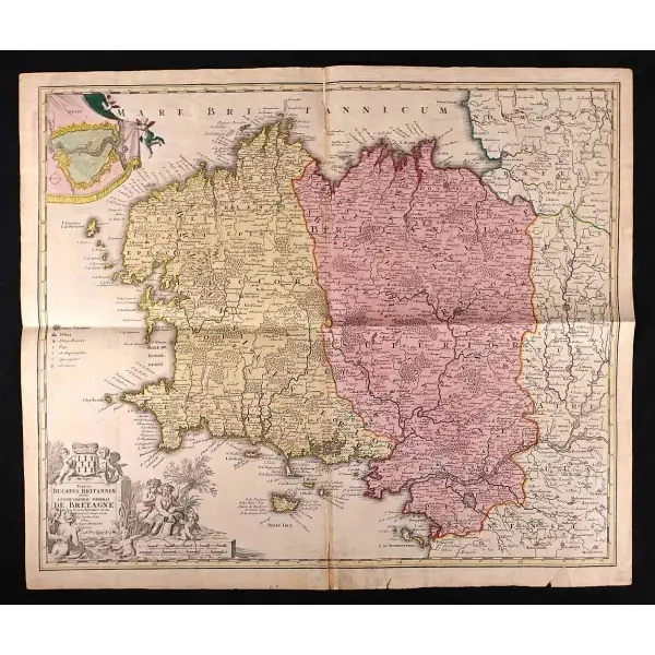 Yukarı ve aşağı Britanya (Breton ve Gallo) arasındaki dilsel sınırını gösteren 17. yüzyıl harita gravürü, 51x60 cm
