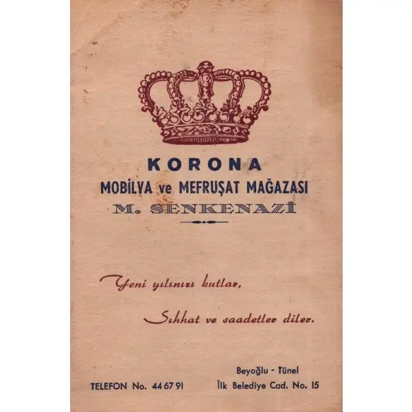 Korona Mobilya ve Mefruşat Mağazası (M. Senkenazi), 5720 tarihli yeni yıl tebrik kartı...