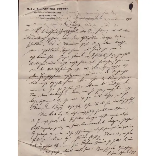 H. & J. Bluementhal Freres Negociants Commissionnaires Constantinople antetli, 9 Nisan 1925 tarihinde döneminin el yazısı ile yazılmış mektup. 2 yaprak...