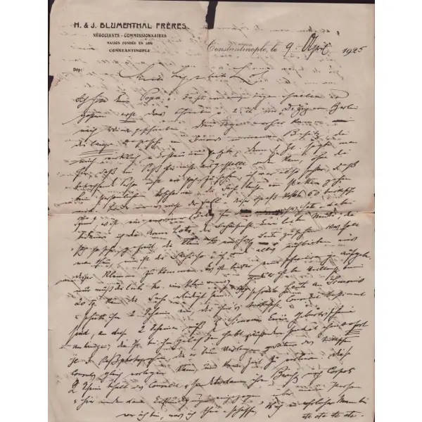 H. & J. Bluementhal Freres Negociants Commissionnaires Constantinople antetli, 9 Nisan 1925 tarihinde döneminin el yazısı ile yazılmış mektup. 2 yaprak...