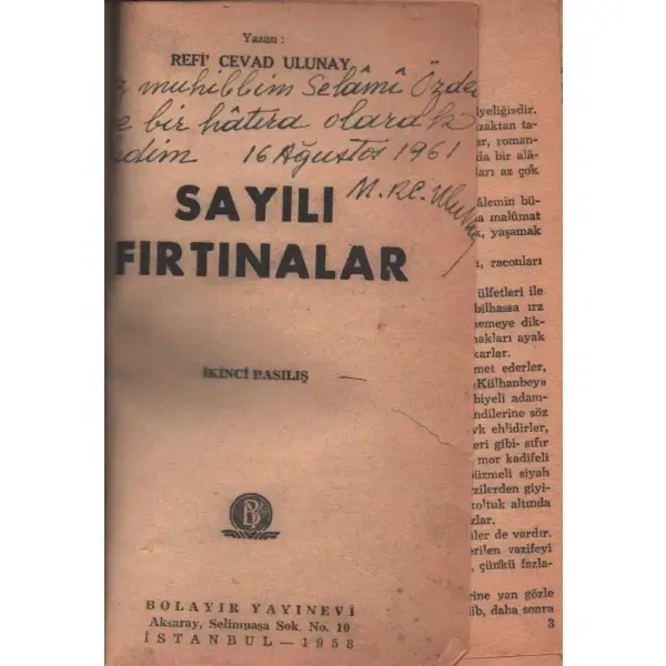SAYILI FIRTINALAR, Refi´ Cevad Ulunay, 1958, Bolayır Yayınevi, 397 sayfa, 14x20 cm, İTHAFLI VE İMZALI...
