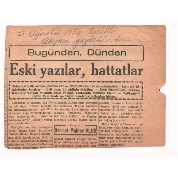 Hattat Halim Özyacı terekesinden, 23 Ağustos 1950 tarihli 