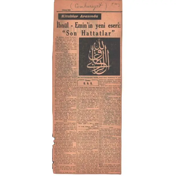 Hattat Halim Özyazıcı terekesinden, 3 Şubat 1956 tarihli 