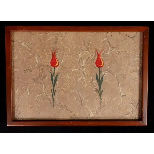 Mustafa Düzgünman'ın üç ıslak imzasıyla çiçek ebrusu, 52x37 cm...