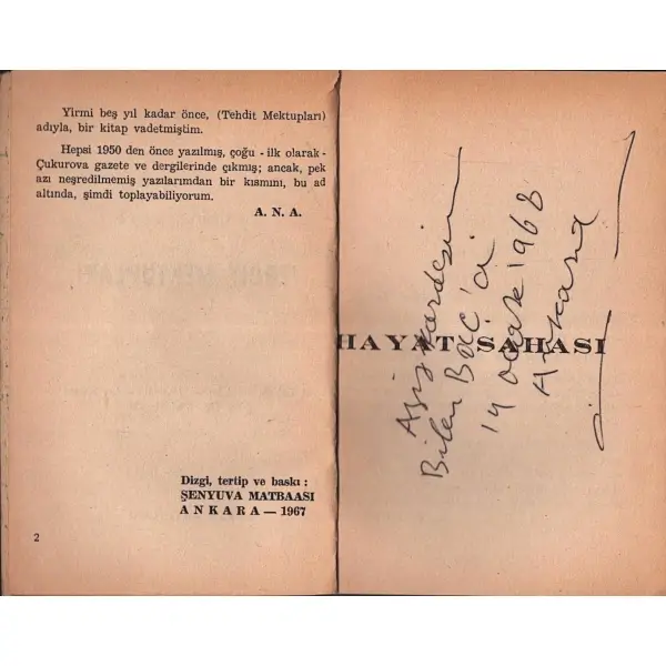 TEHDİT MEKTUPLARI, Arif Nihat Asya, Ankara 1967, Defne Yayınları, 136 sayfa, 12x17 cm, İTHAFLI VE İMZALI...