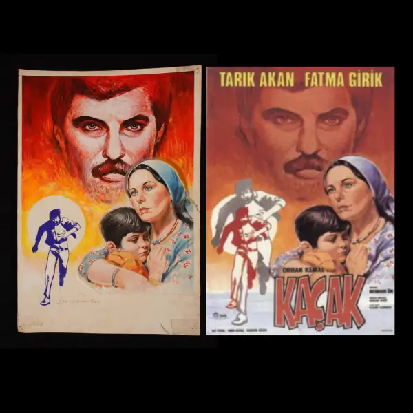 Başrollerinde Tarık Akan ve Fatma Girik´in yer aldığı KAÇAK (1982) filminin orijinal afiş çizimi, 34x49 cm...