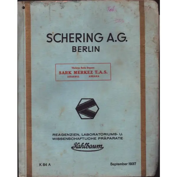 SCHERING A.G. BERLİN 1937 senesi fiyat listesi, Türkiye Satış Deposu Şark Merkez Laboratuvarı (İstanbul - Ankara), 257 sayfa, 19x23 cm...