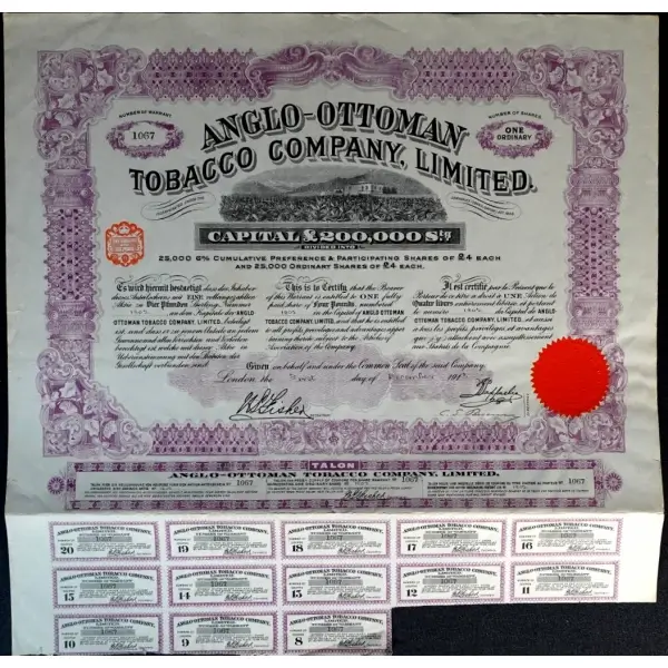 İngiliz-Osmanlı Tütün Limited Şirketi (Anglo-Ottoman Tobacco Company Limited) hisse senedi, 43x33 cm...
