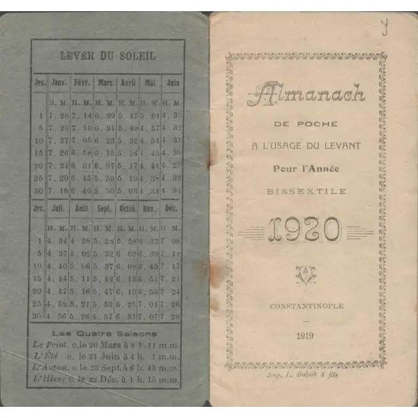Güneşin doğuşu ve ayın evreleri hakkında bilgi içeren, 1919 tarihli Fransızca almanak, 7x13 cm...