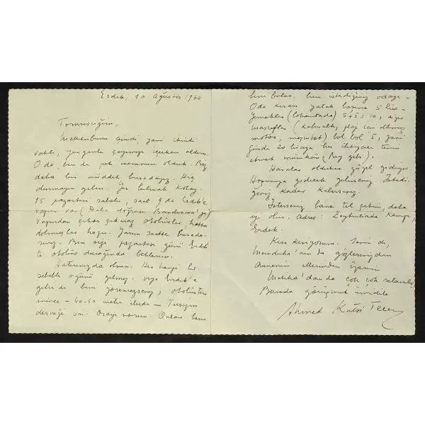 10 Ağustos 1960 tarihinde Ahmet Kutsi Tecer´in yeğeni Tomris Tecer'e yazdığı mektup, 28x17 cm...