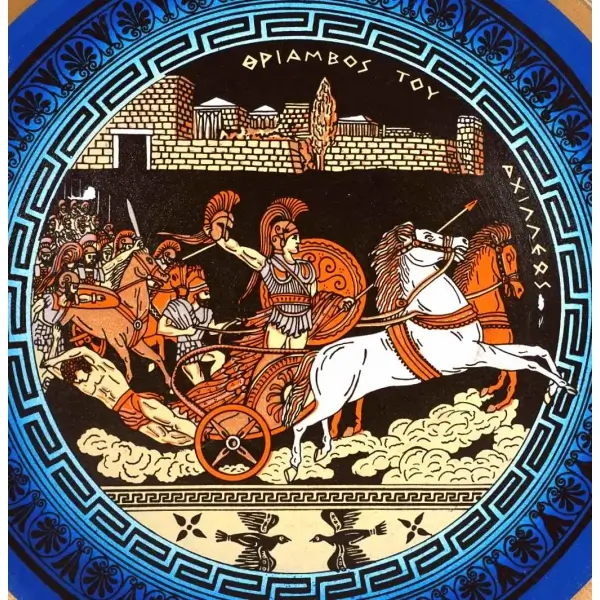 Yunan malı, Antik Yunan´da savaş temalı terakota duvar tabağı, ´´Opiambos Tov Axinners´´, çap 25 cm...