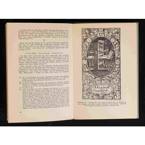 Almanya´nın Minden kasabasında faaliyet gösteren geçmiş zaman yayıncılarına, matbaacılarına ve mücellitlerine dair Almanca kitap: MINDENER BUCHGEWERBE, Johann Karl v. Schroeder, 1966/67, J.C.C. Bruns / Mindener Tageblatt, 80 sayfa, 14x21 cm...