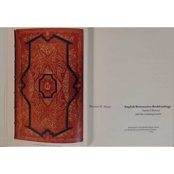 Restorasyon dönemi İngiliz ciltçiliğine dair İngilizce kitap: ENGLISH RESTORATION BOOKBINDINGS, Samuel Mearne, 1974, The British Library Board, 48 sayfa metin + görseller, 19x26 cm...